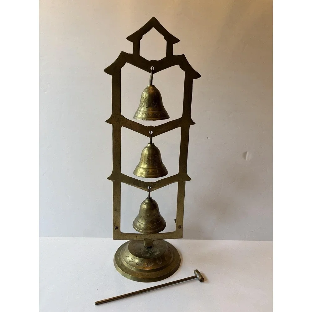 Vintage Brass Bell Tree 3 Etched Bells Stand Striker India Meditation Boho